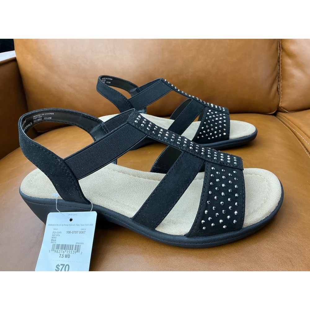 East 5th Indigo Wedge Sandals Womens 7.5W Black New Studded Memory Foam